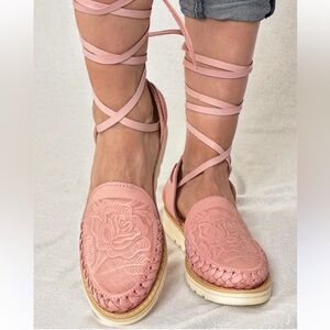 Floral Tooled Lace-Up Sandals